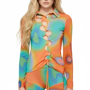 AVAVAV Orange Mesh Multicolor Cut-Out Shirt