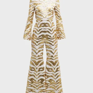 Halpern White Gold Sequinned Tiger Pattern Party Flared Jumpsuit