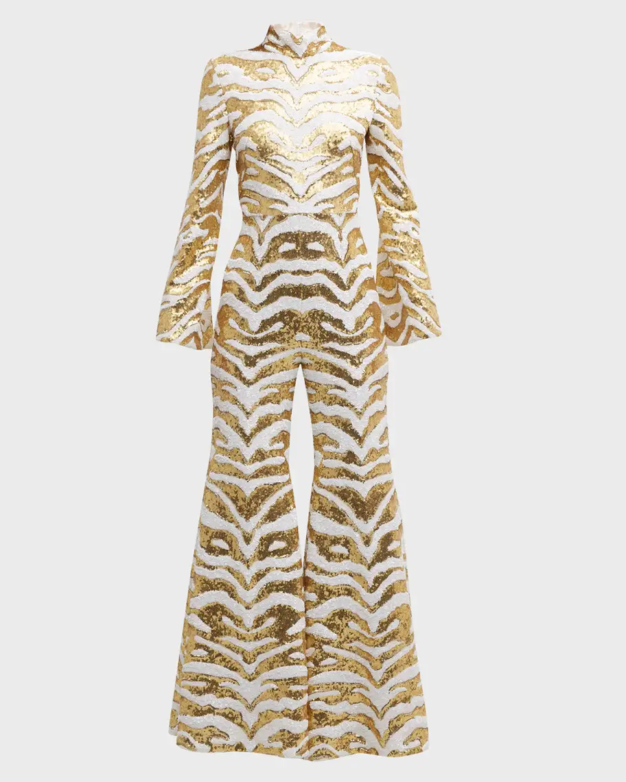 Halpern White Gold Sequinned Tiger Pattern Party Flared Jumpsuit - Imagen 2