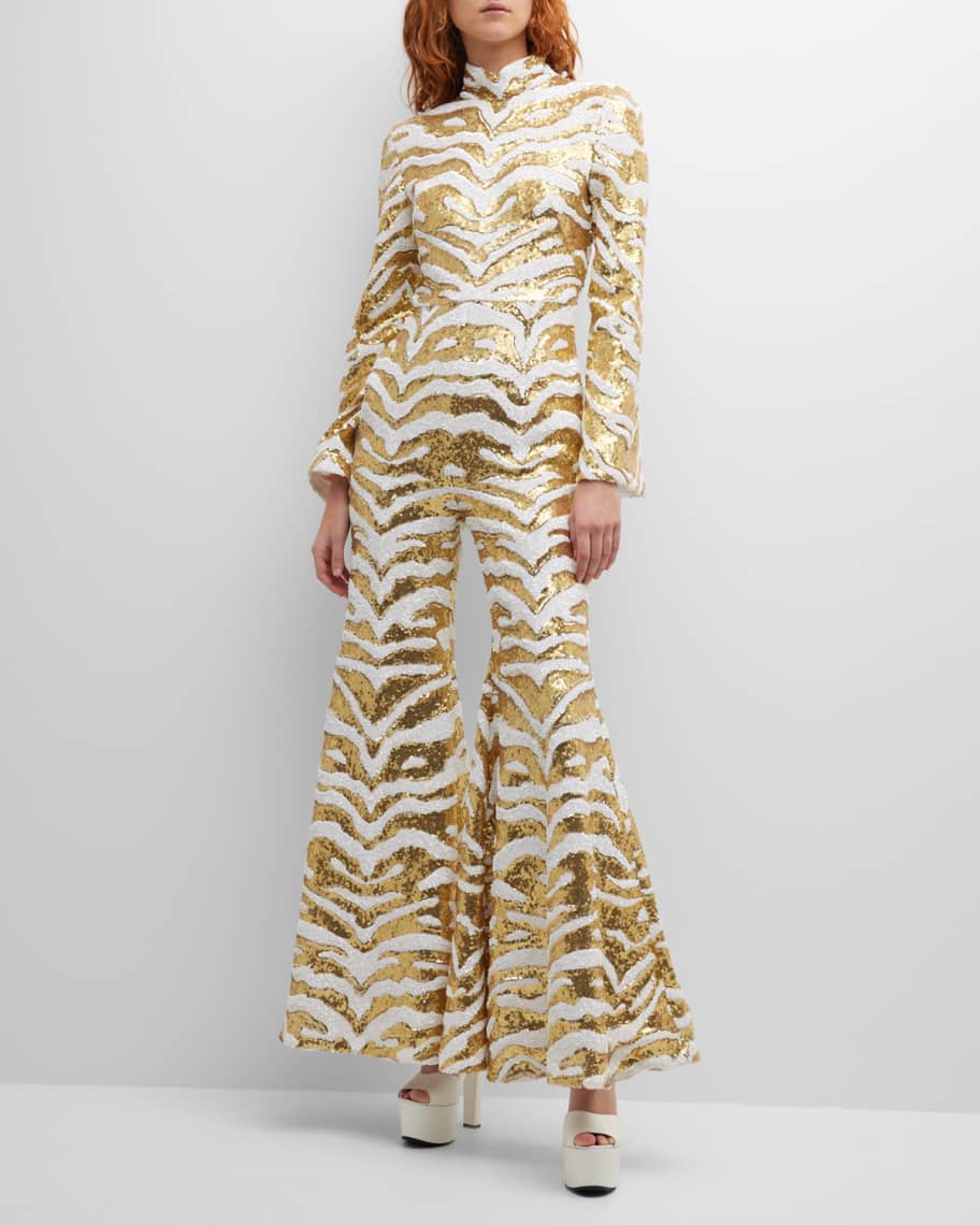 Halpern White Gold Sequinned Tiger Pattern Party Flared Jumpsuit - Imagen 6