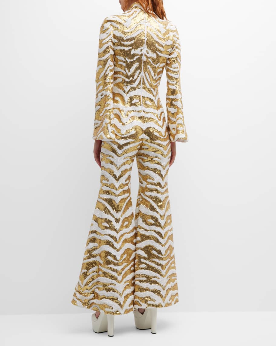 Halpern White Gold Sequinned Tiger Pattern Party Flared Jumpsuit - Imagen 7
