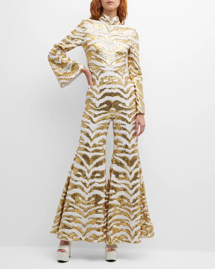 Halpern White Gold Sequinned Tiger Pattern Party Flared Jumpsuit - Imagen 9