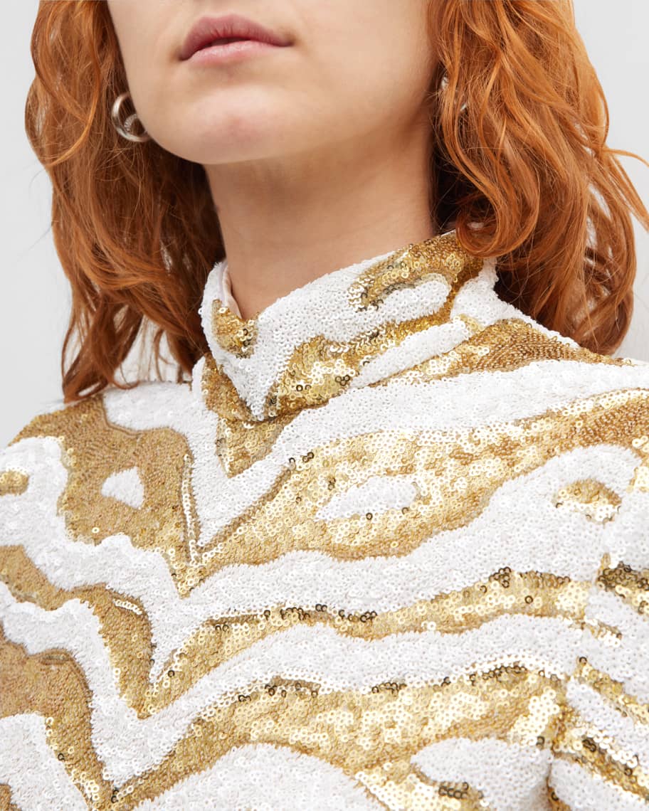 Halpern White Gold Sequinned Tiger Pattern Party Flared Jumpsuit - Imagen 8