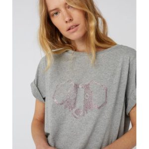 Dorothee Schumacher Grey Dog Walker Basic Tee Shirt Pink Dog Giltter