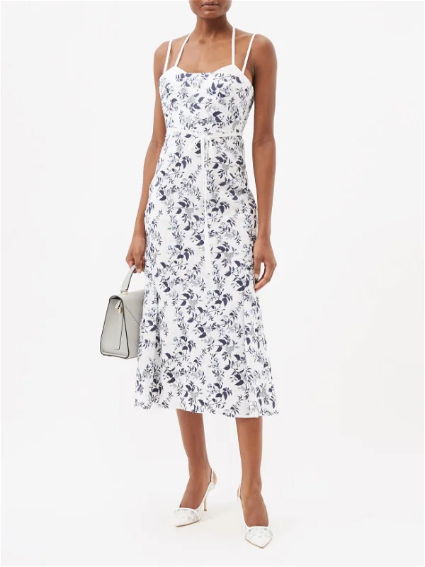 Erdem Floral Embroidered Blue White Strappy Otto Midi Dress - Imagen 2