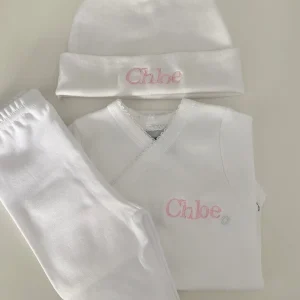 Pack nacimiento recién gorro, body nombre y polaina