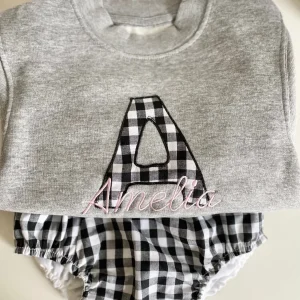 Conjunto Sudadera vichy negro bordado y braguita
