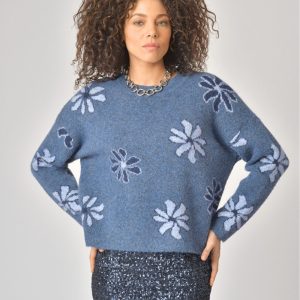 Jersey de punto azul con flores