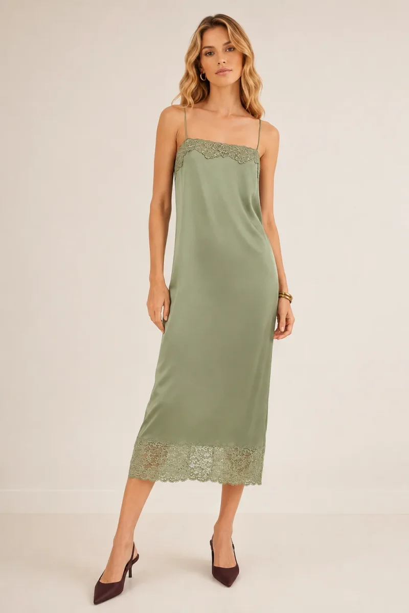 Reformation Green Mackenzie Lace Trim Silk Slip Midi Dress - Imagen 5