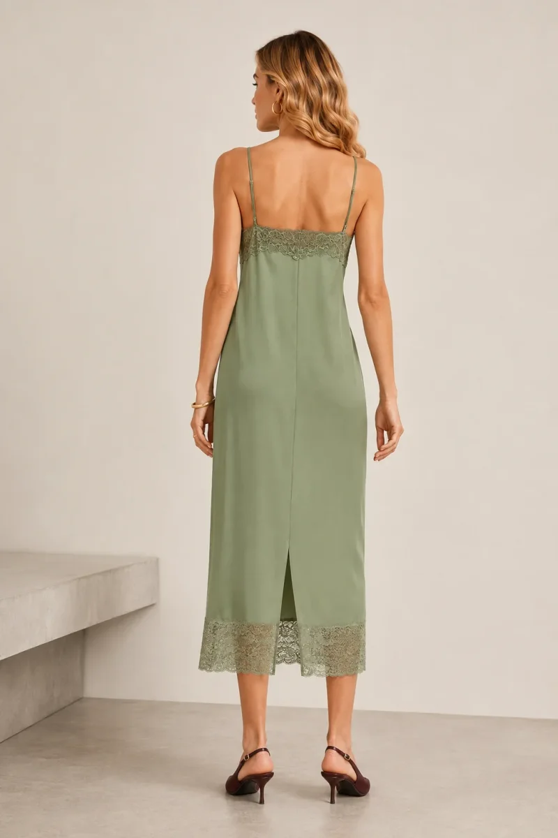 Reformation Green Mackenzie Lace Trim Silk Slip Midi Dress - Imagen 3