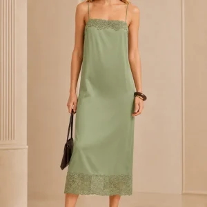 Reformation Green Mackenzie Lace Trim Silk Slip Midi Dress
