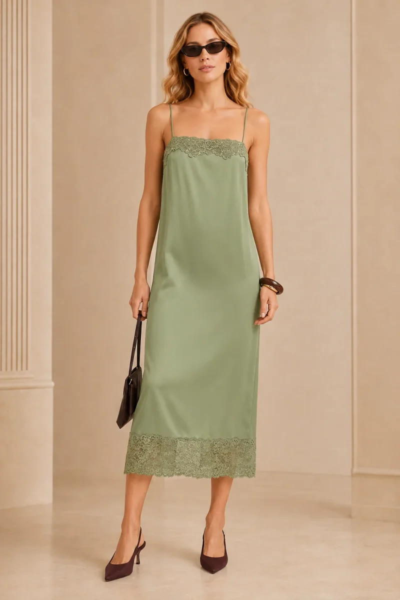 Reformation Green Mackenzie Lace Trim Silk Slip Midi Dress