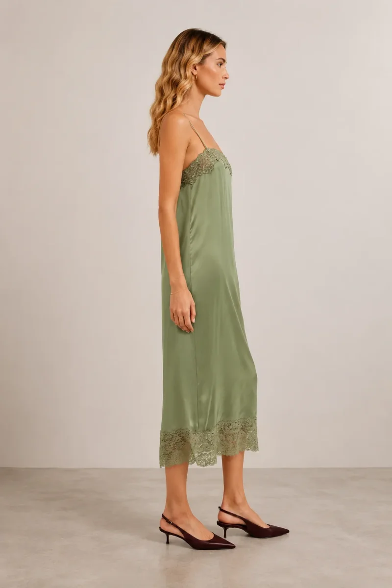 Reformation Green Mackenzie Lace Trim Silk Slip Midi Dress - Imagen 4