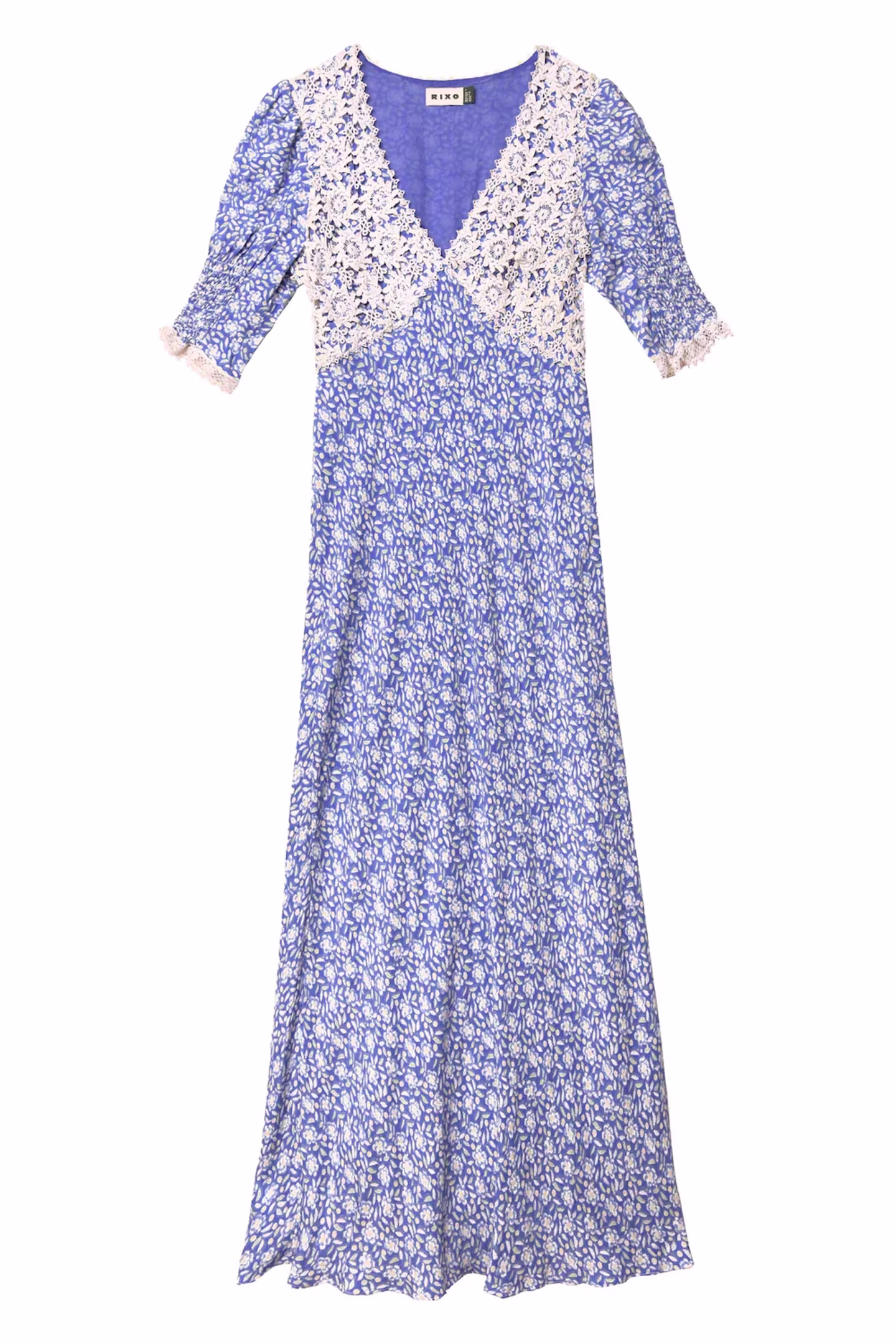Rixo London Olga Blue Floral Print Crochet Lace Trim Panel Crepe Dress - Imagen 4