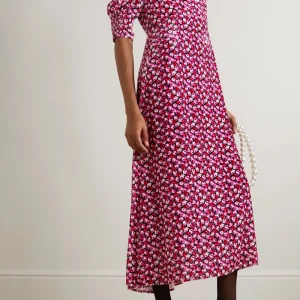 Rixo Karen Velvet Floral Print Crystal Detail Midi Dress