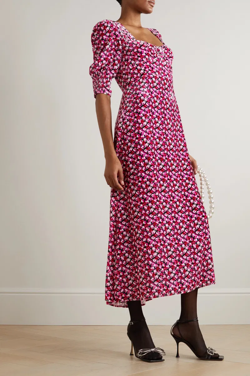 Rixo Karen Velvet Floral Print Crystal Detail Midi Dress - Imagen 2