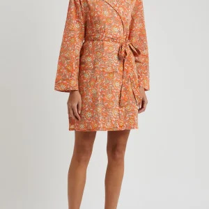 Rixo London Reina Orange Floral Print Collared Belted Robe Dress