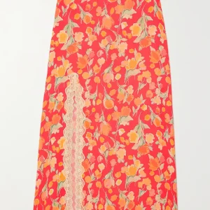 Rixo Sibilla Floral Lace Trim Crepe Midi Skirt
