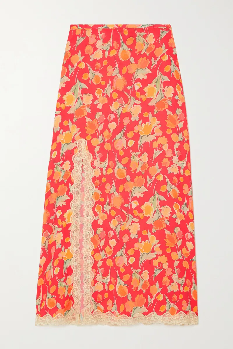 Rixo Sibilla Floral Lace Trim Crepe Midi Skirt
