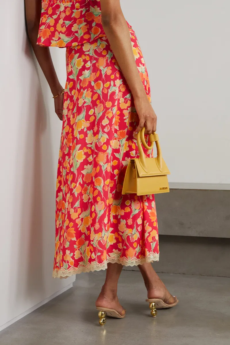 Rixo Sibilla Floral Lace Trim Crepe Midi Skirt - Imagen 5
