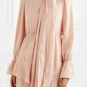 SEE BY CHLOE Pink Georgette Check Ascot Tie Ruffle Flouncy Dress