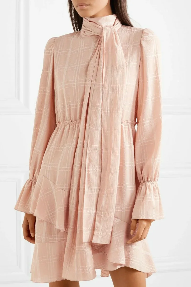 SEE BY CHLOE Pink Georgette Check Ascot Tie Ruffle Flouncy Dress