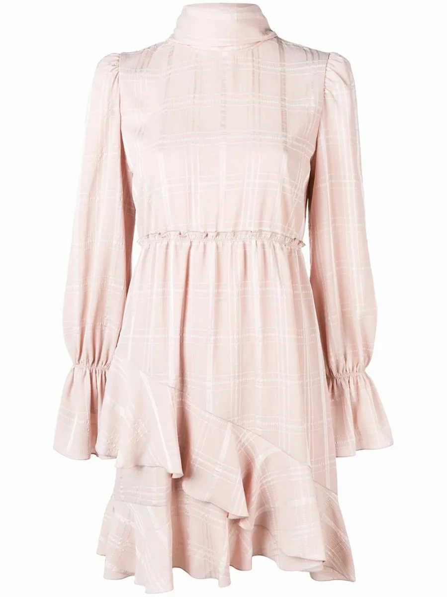 SEE BY CHLOE Pink Georgette Check Ascot Tie Ruffle Flouncy Dress - Imagen 6
