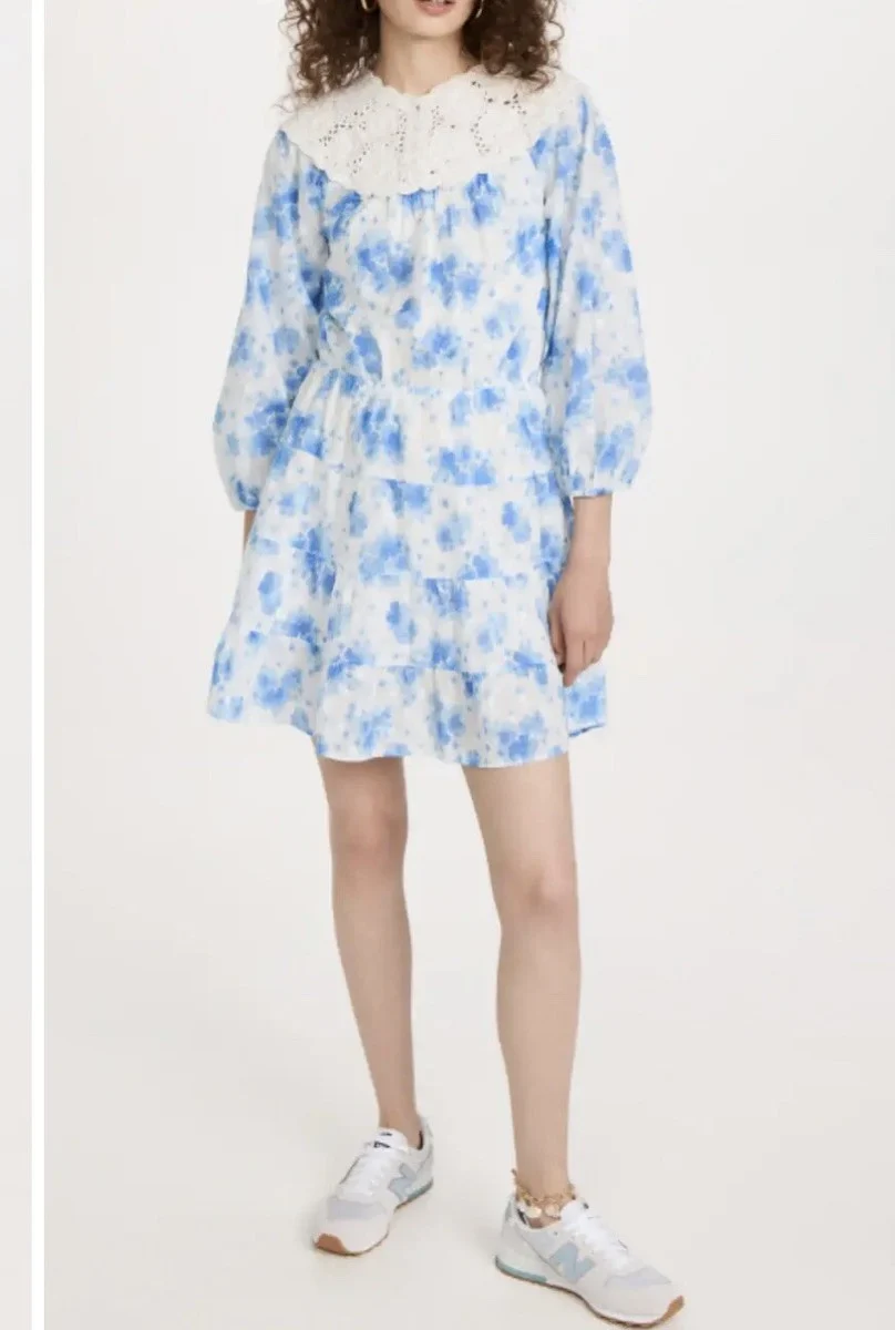 Rixo London Tatiana Crochet Neckline Blue Floral Victorian Dress - Imagen 6