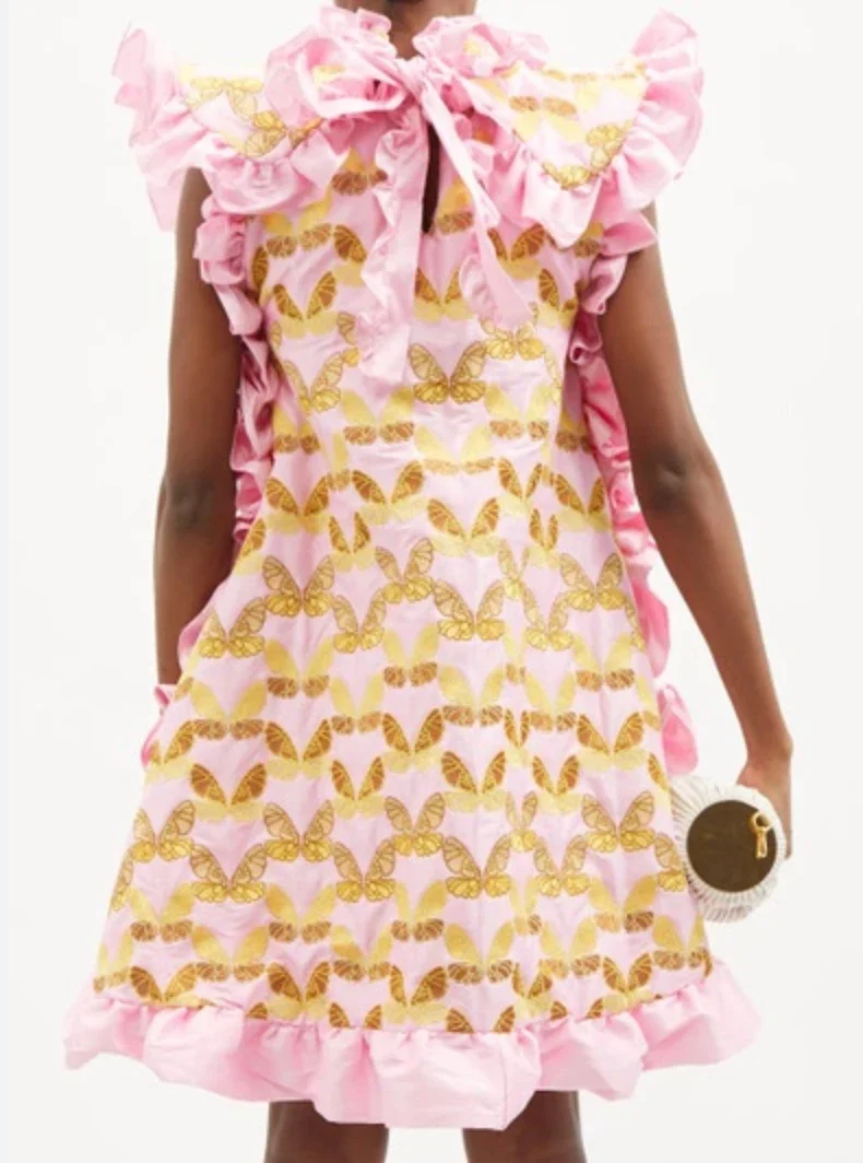 Kika Vargas Butterfly Embroidered Pink Cape Detail Ruffle Trim Dress - Imagen 5
