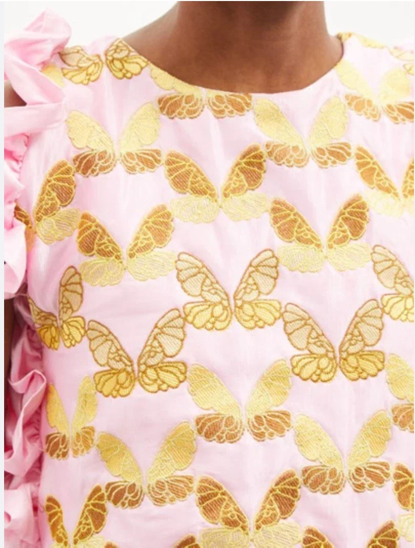 Kika Vargas Butterfly Embroidered Pink Cape Detail Ruffle Trim Dress - Imagen 6