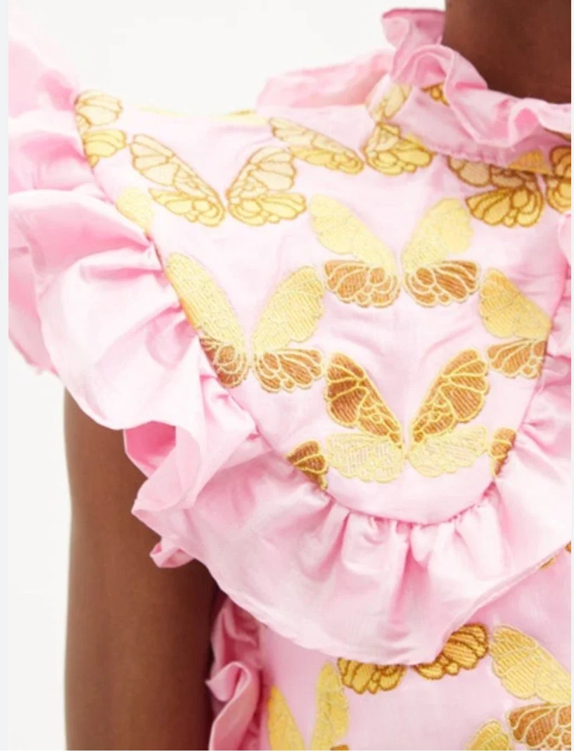 Kika Vargas Butterfly Embroidered Pink Cape Detail Ruffle Trim Dress - Imagen 7
