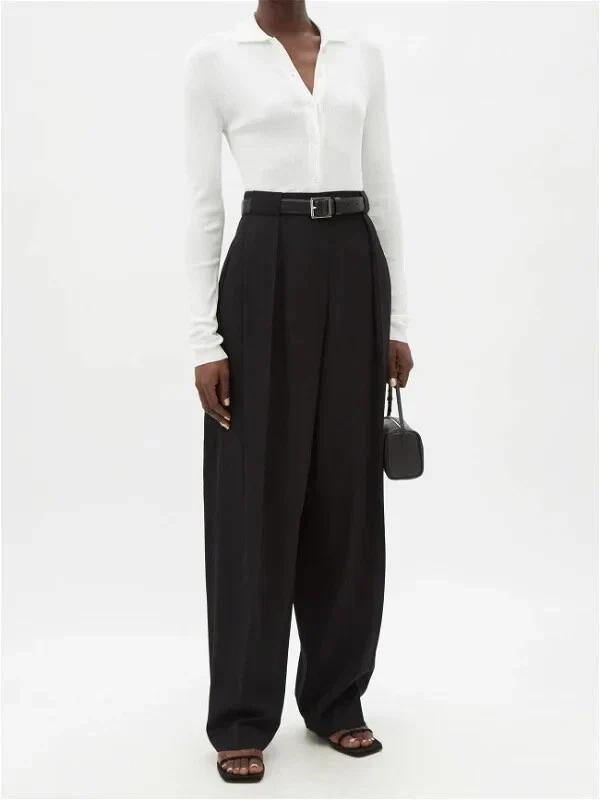 The Row Ivory Silk Collared Button-Up Knit Long Sleeve Dyran Blouse