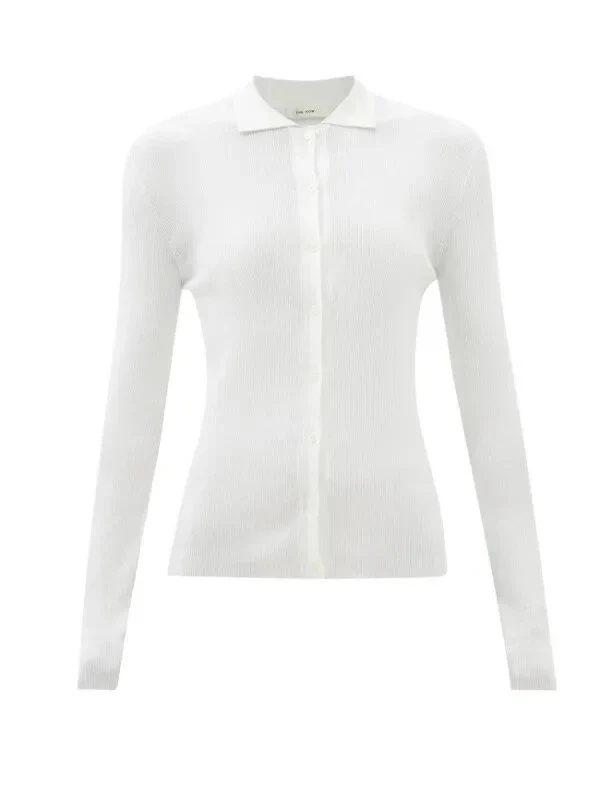 The Row Ivory Silk Collared Button-Up Knit Long Sleeve Dyran Blouse - Imagen 3