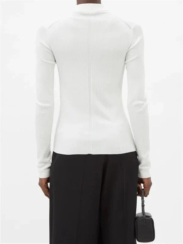 The Row Ivory Silk Collared Button-Up Knit Long Sleeve Dyran Blouse - Imagen 7