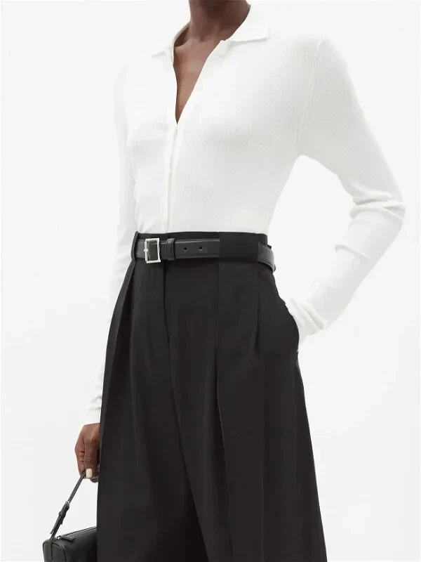 The Row Ivory Silk Collared Button-Up Knit Long Sleeve Dyran Blouse - Imagen 6