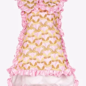 Kika Vargas Butterfly Embroidered Pink Cape Detail Ruffle Trim Dress