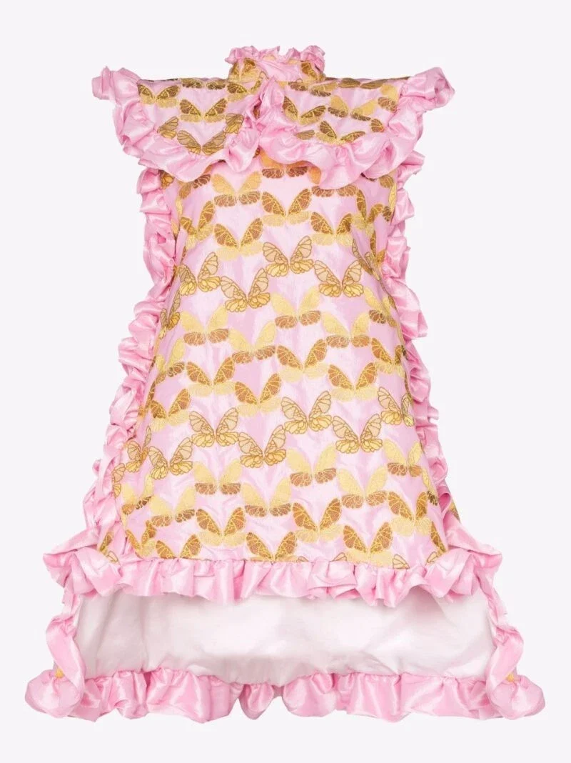 Kika Vargas Butterfly Embroidered Pink Cape Detail Ruffle Trim Dress