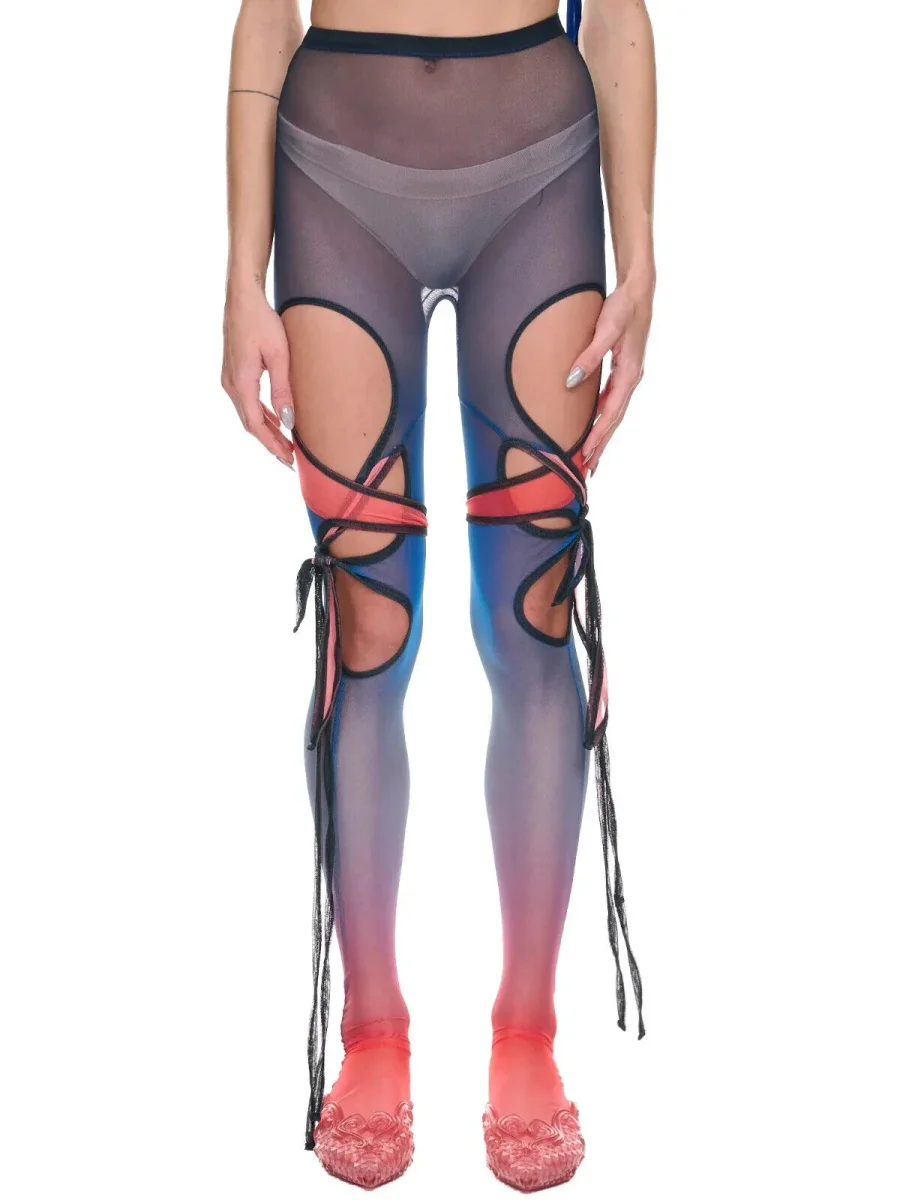 OTTOLINGER Bluberry Mesh Tie Detail Rave Festival Club Cut Out Leggings - Imagen 3
