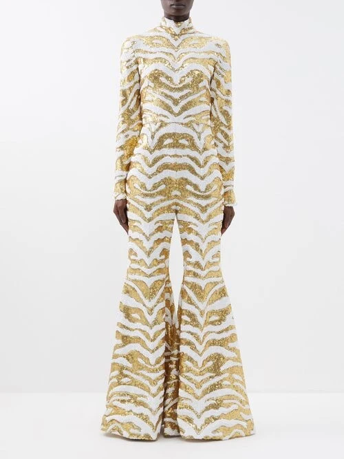Halpern White Gold Sequinned Tiger Pattern Party Flared Jumpsuit - Imagen 4