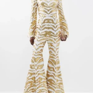 Halpern White Gold Sequinned Tiger Pattern Party Flared Jumpsuit