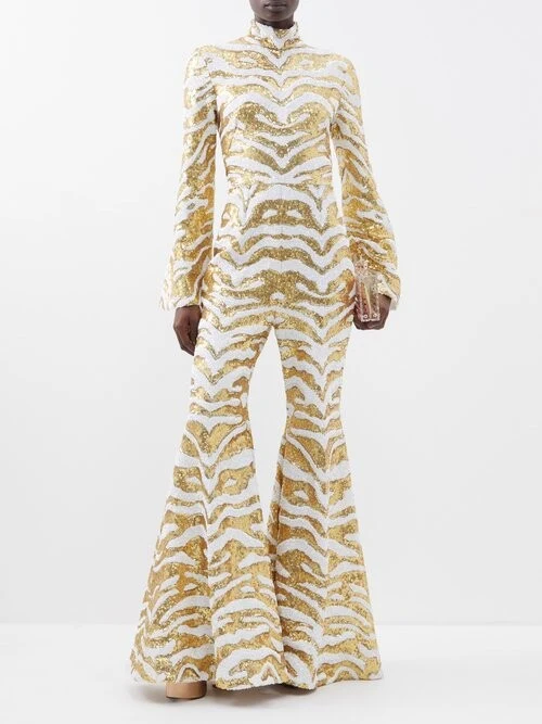 Halpern White Gold Sequinned Tiger Pattern Party Flared Jumpsuit - Imagen 2