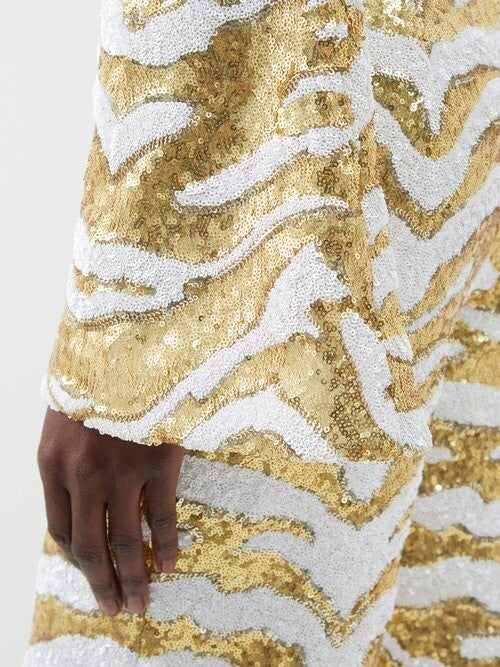 Halpern White Gold Sequinned Tiger Pattern Party Flared Jumpsuit - Imagen 5