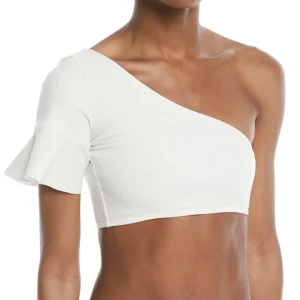 Diane Von Furstenberg DVF Ivory White One Shoulder Flounce Crop Swim Top