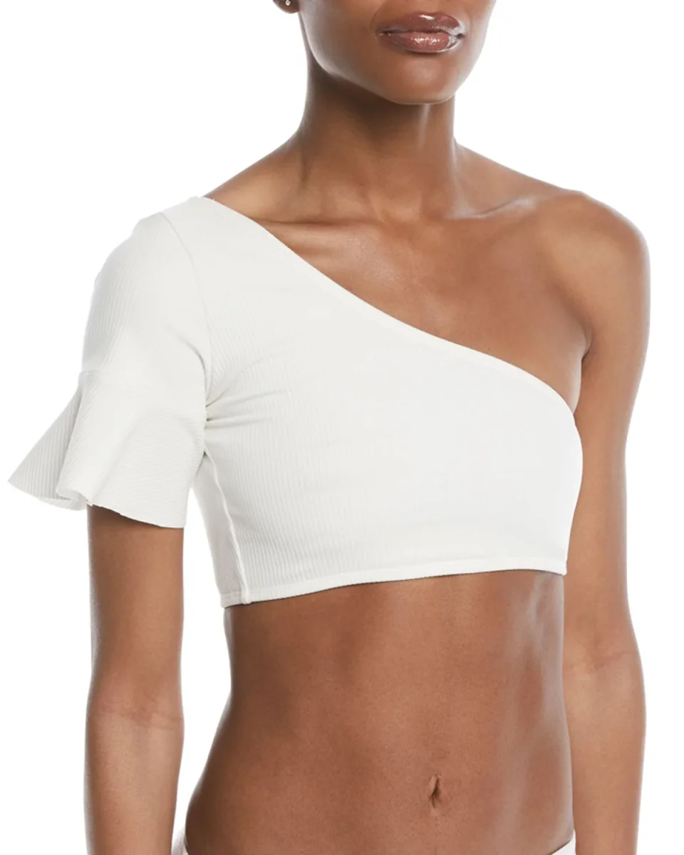 Diane Von Furstenberg DVF Ivory White One Shoulder Flounce Crop Swim Top - Imagen 2