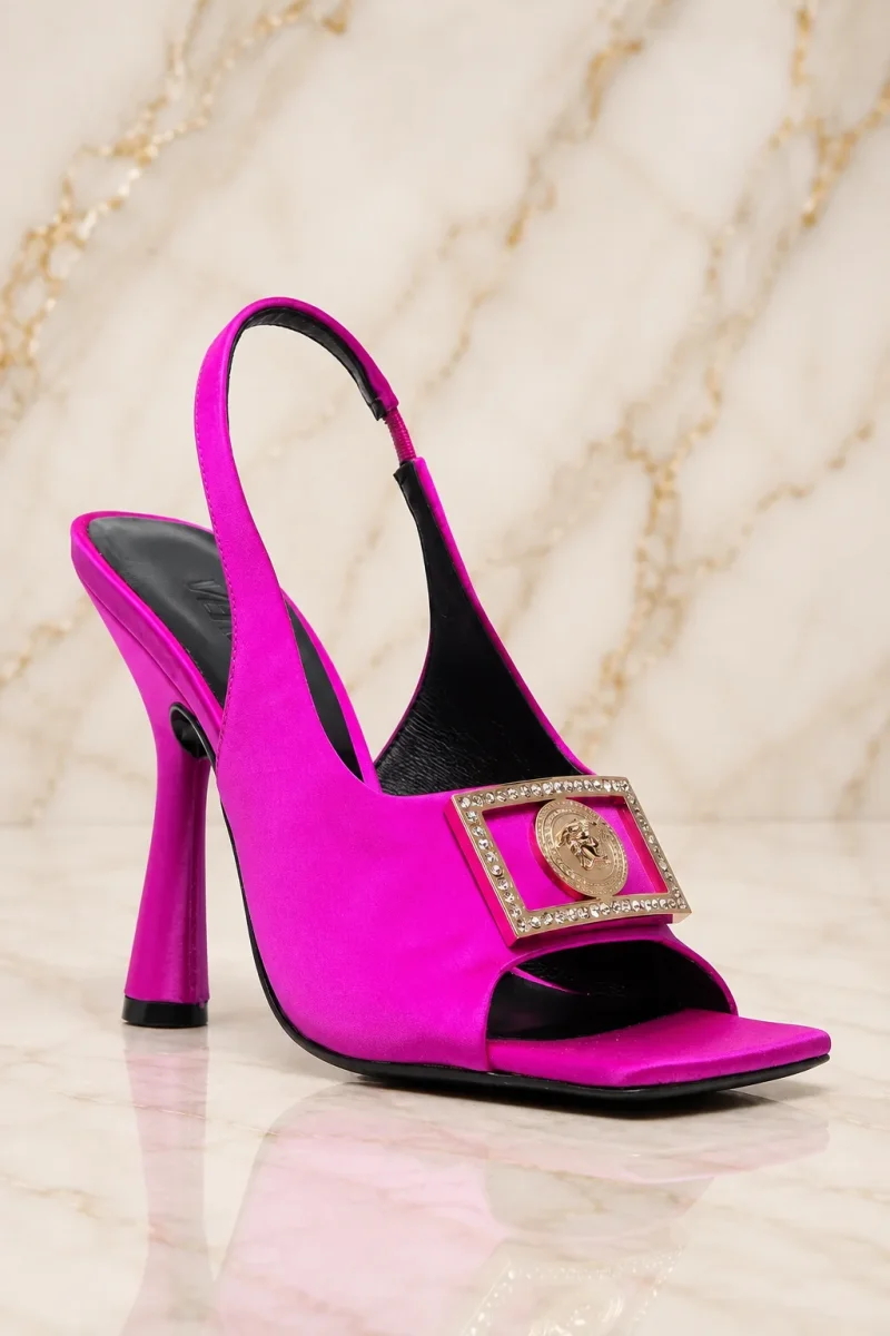 Versace Medusa Plaque Satin Fuchsia Slingback Sandals - Imagen 4
