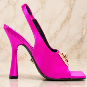 Versace Medusa Plaque Satin Fuchsia Slingback Sandals