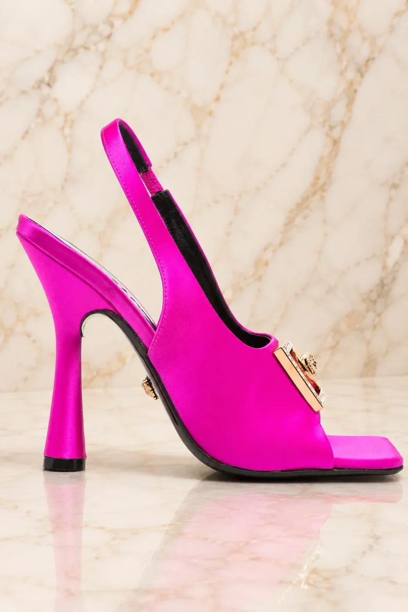 Versace Medusa Plaque Satin Fuchsia Slingback Sandals