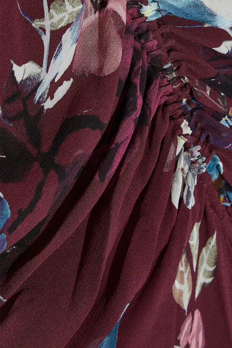 Nicholas Burgundy Floral Ruched Silk Asymmetric Skirt - Imagen 5