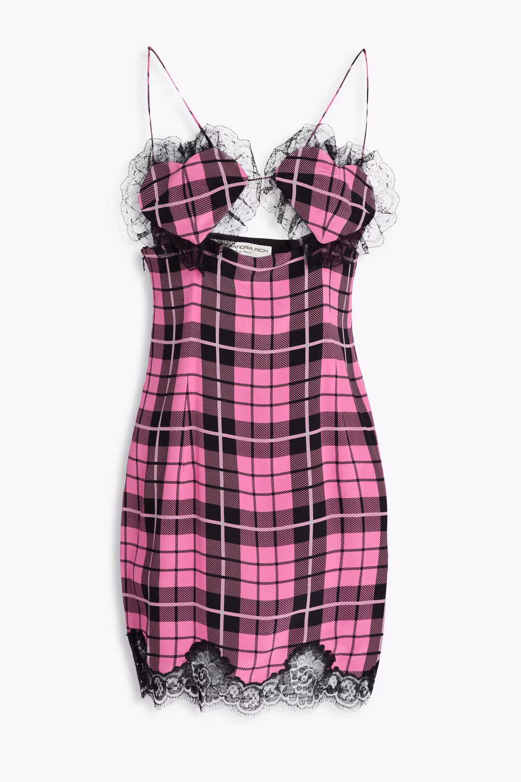 Alessandra Rich Pink Tartan Heart Detail Lace Trim Silk Mini Dress - Imagen 3