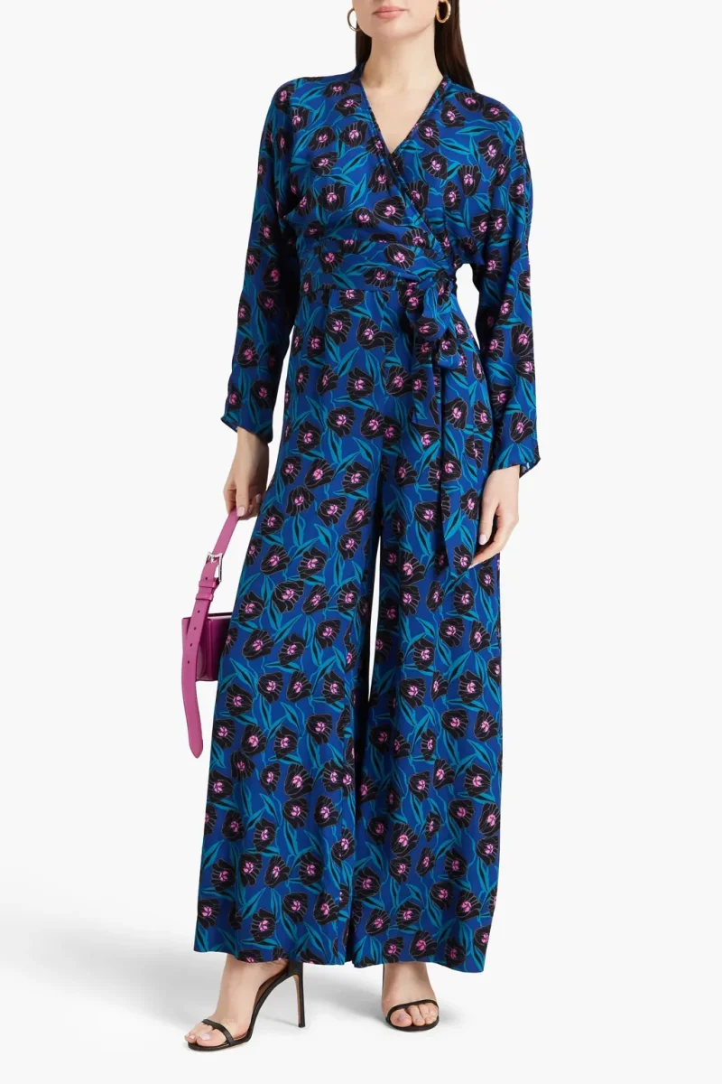 Diane von Furstenberg Blue Piper Floral Print Wrap Wide Leg Jumpsuit - Imagen 3